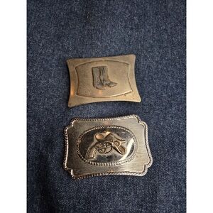 Lot of 2 Western Boots & Cowboy Hat Silver Belt Buckles - Collectible